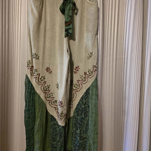 Young Threads Pants - Boho Wide Leg Embroidered Layered Pants - Green/Cream